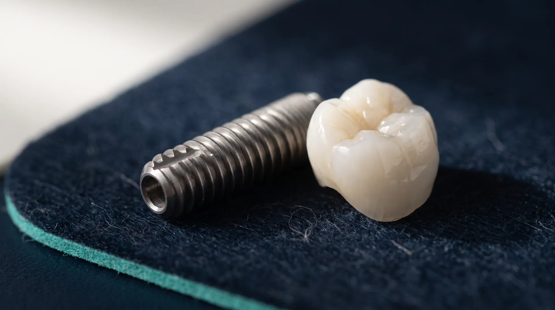 Illustrative macro of a titanium implant screw beside a porcelain crown on navy felt